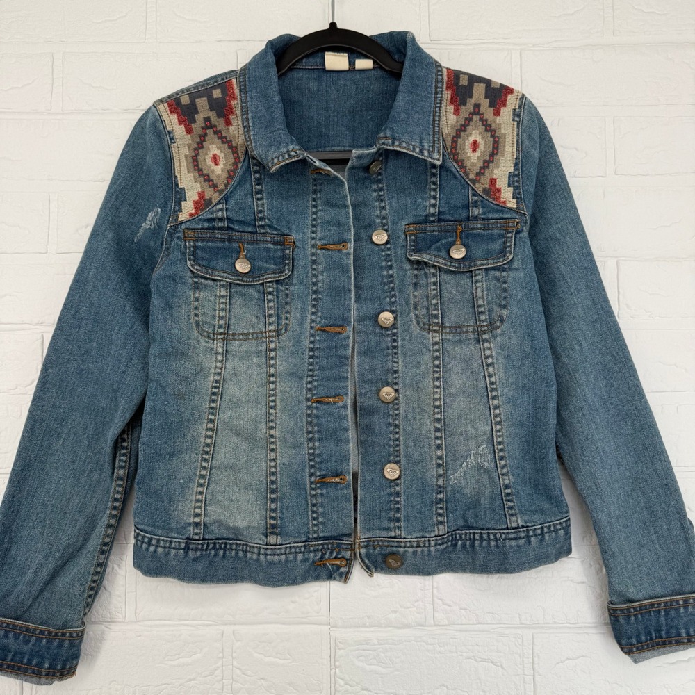 Roxy Y2K Boho Southwestern Aztec Embroidered Denim Trucker Jacket XS